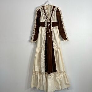 Gunne Sax Brown and Cream Maxi Dress